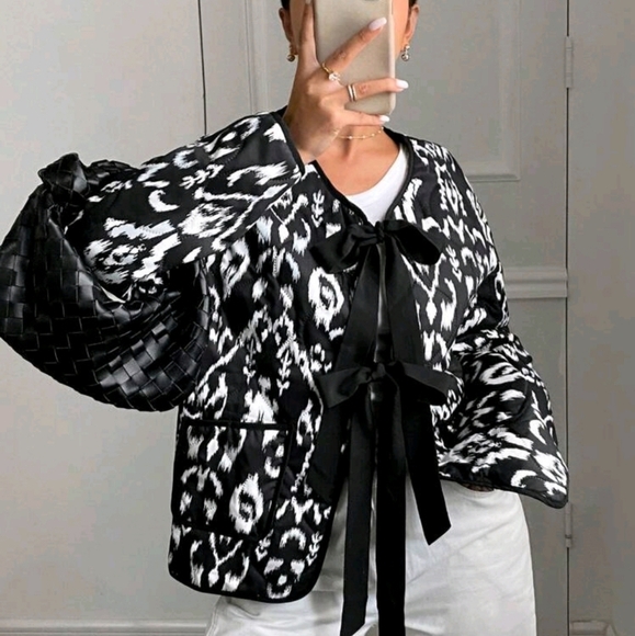 Women's Tie-Dye Print Tie Front Long Sleeve Loose Padded Coat, Winter